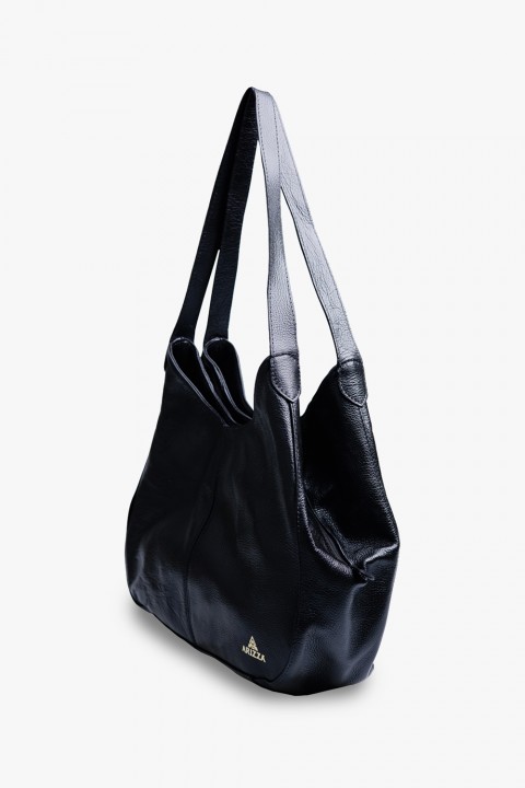 Bolsa Feminina Estilo Saco com 3  Divisorias em Couro Legítimo  Preto