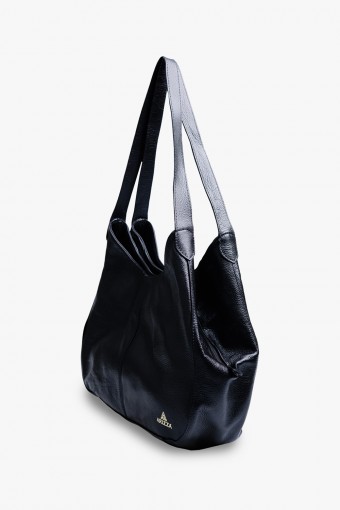 Bolsa Feminina Estilo Saco com 3  Divisorias em Couro Legítimo  Preto