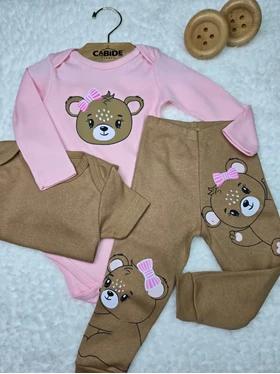 Kit Body Bebê Menina Suedine Ursinha Rosa