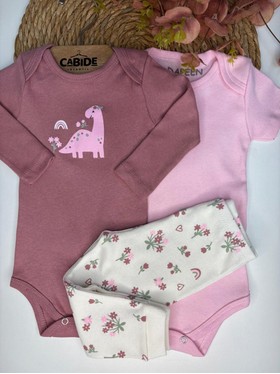 Kit Body Bebê Menina Suedine Dinossaurinho