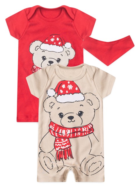 Kit Macacão Bebê Unissex Suedine Natal Urso