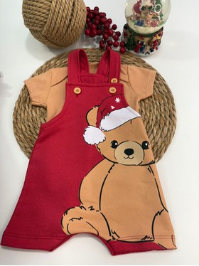 Conjunto Jardineira Bebê Unissex Suedine Natal Urso