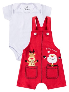 Conjunto Jardineira Bebê Unissex Suedine Feliz Natal