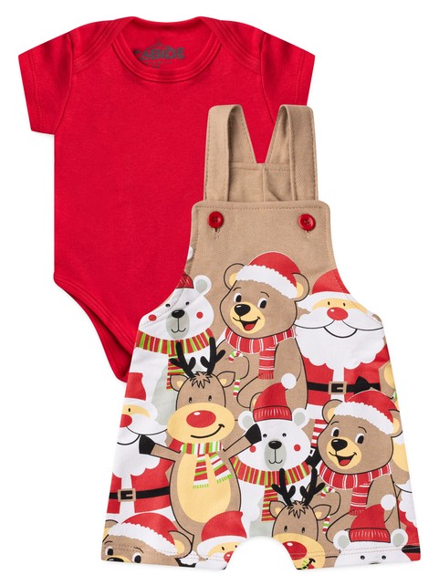 Conjunto Jardineira Bebê Unissex Suedine Natal Festa