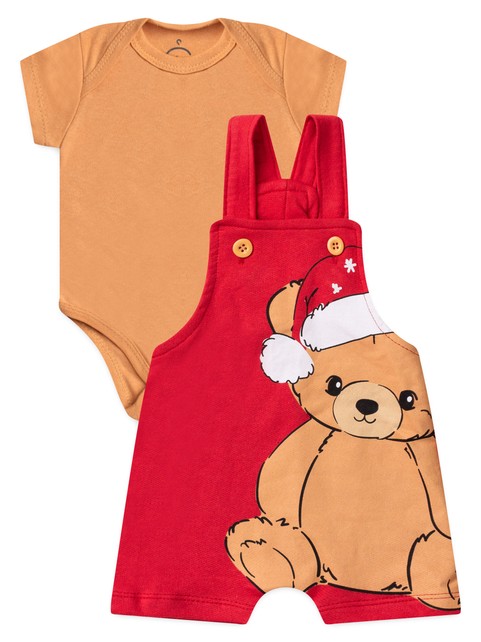 Conjunto Jardineira Bebê Unissex Suedine Natal Urso