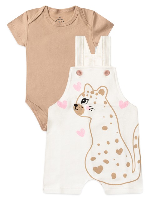Conjunto Jardineira Bebê Menina Suedine Gatinha Coração