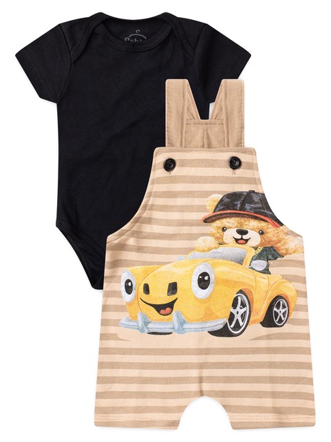 Conjunto Jardineira Bebê Menino Suedine Urso Aventureiro