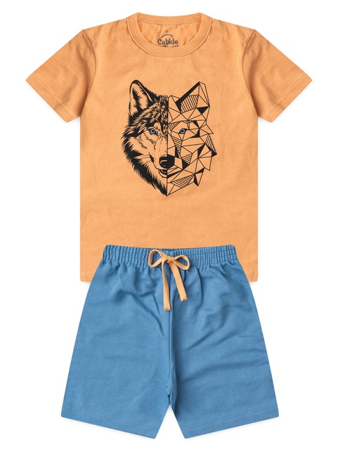 Conjunto Infantil Menino Camiseta Bermuda Lobo Geometrico