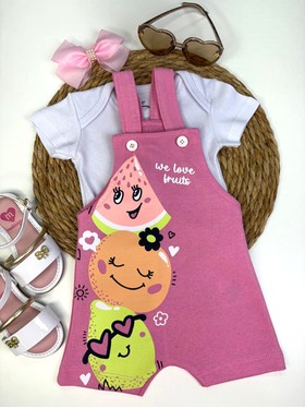 Conjunto Jardineira Bebê Menina Suedine Frutinhas