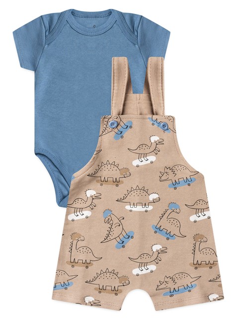 Conjunto Jardineira Bebê Menino Suedine Dino Skateista