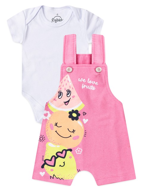 Conjunto Jardineira Bebê Menina Suedine Frutinhas
