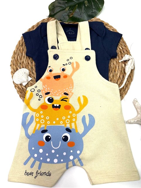 Conjunto Jardineira Bebê Menino Suedine Siri Feliz