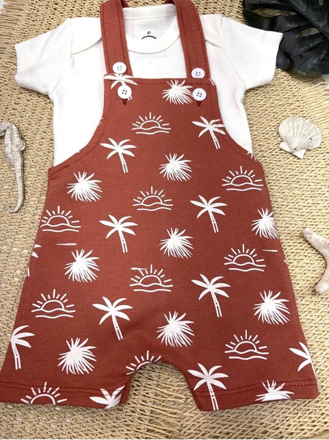 Conjunto Jardineira Bebê Menino Suedine Coqueiros