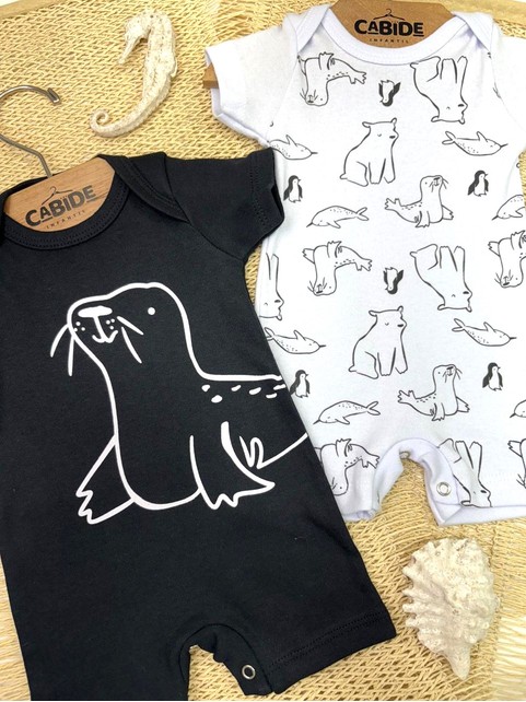 Kit Macacão Bebê Menino Suedine Animais Marinho