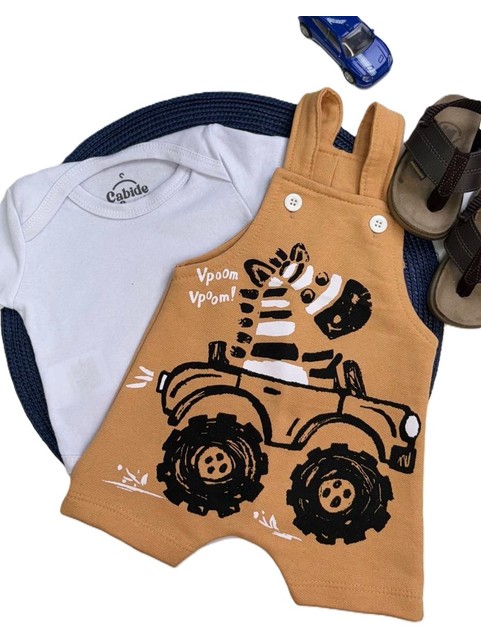 Conjunto Jardineira Bebê Menino Suedine Zebrinha Veloz