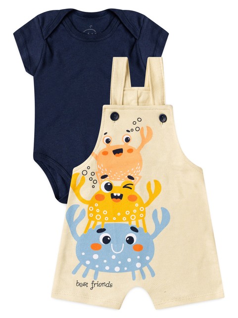 Conjunto Jardineira Bebê Menino Suedine Siri Feliz