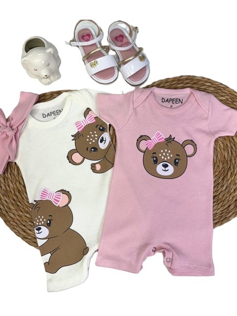 Kit Macacão Bebê Menina Suedine Trio de Ursinhos
