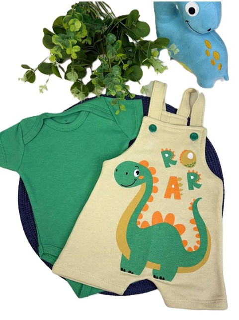 Conjunto Jardineira Bebê Menino Suedine Dinossauro