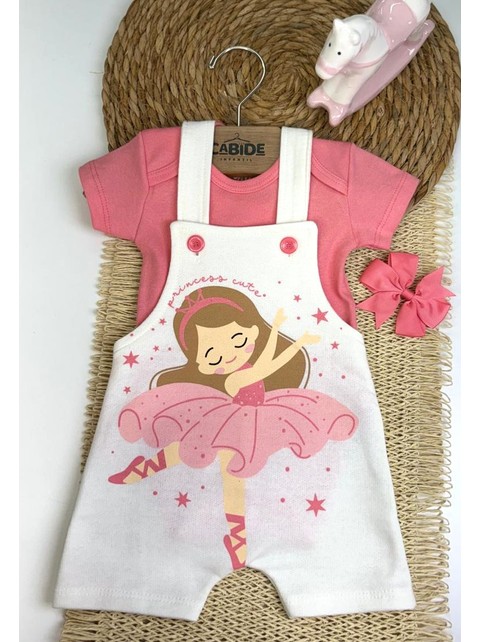 Conjunto Jardineira Bebê Menina Suedine Bailarina