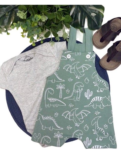Conjunto Jardineira Bebê Menino Suedine Jurassic