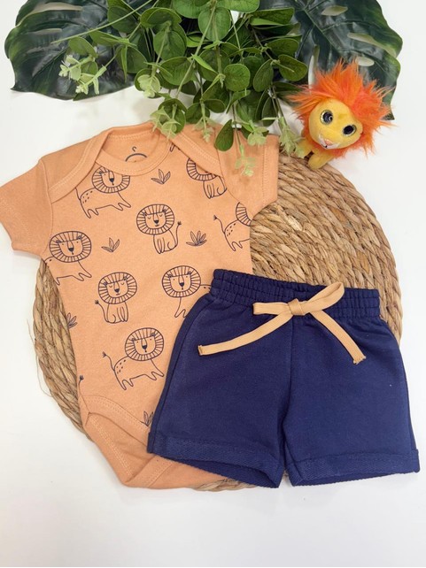 Conjunto Bebê Menino Body e Bermuda Moletinho Leãozinho