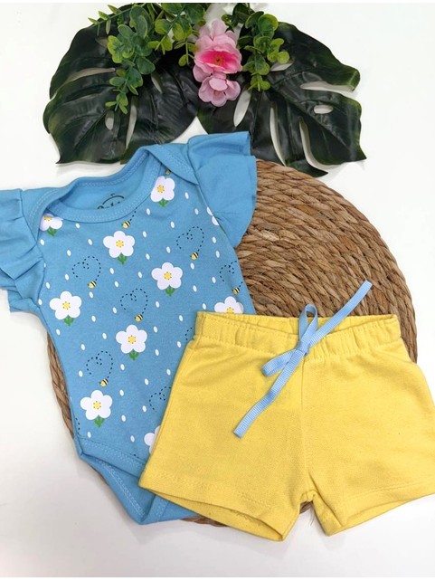 Conjunto Bebê Menina Body e Shorts Moletinho Abelha