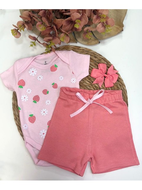 Conjunto Bebê Menina Body e Shorts Moletinho Morango