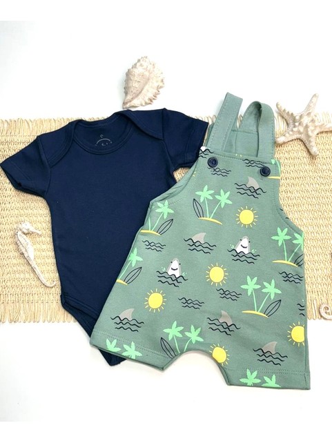 Conjunto Jardineira Bebê Menino Suedine Tubarão