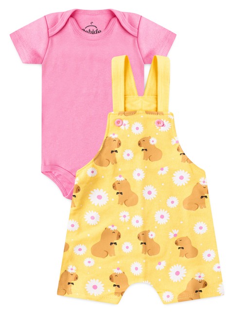 Conjunto Jardineira Bebê Menina Suedine Capivarinhas