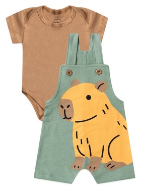 Conjunto Jardineira Bebê Menino Suedine Capivara