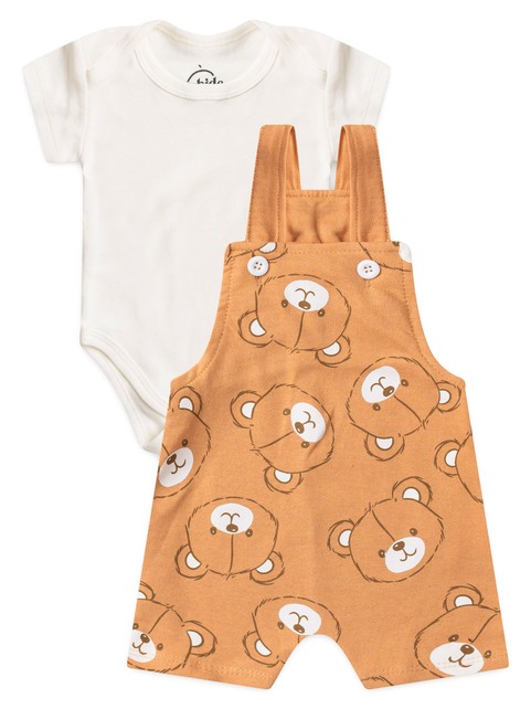 Conjunto Jardineira Bebê Menino Suedine Ursinhos Marrom