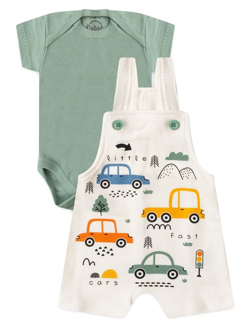 Conjunto Jardineira Bebê Menino Suedine Pequenos Carros