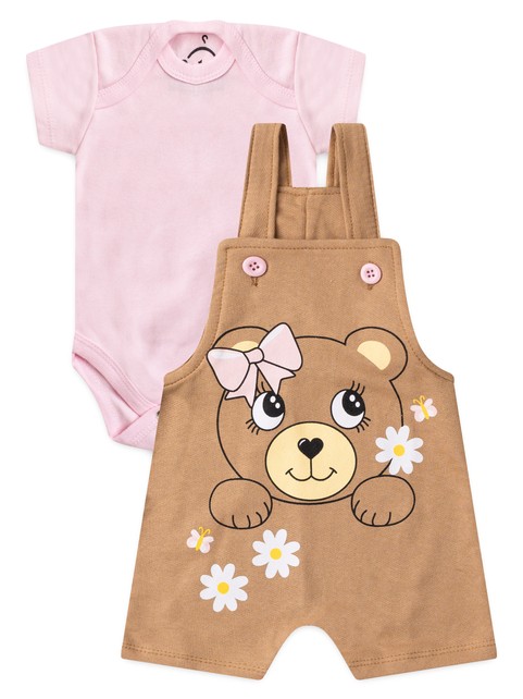 Conjunto Jardineira Bebê Menina Suedine Ursinha Mousse