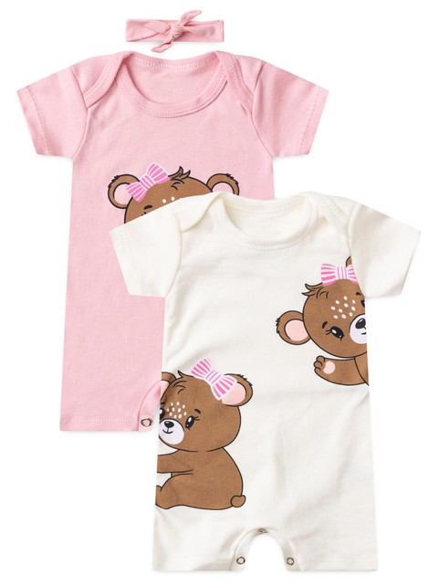 Kit Macacão Bebê Menina Suedine Trio de Ursinhos