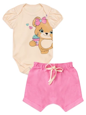 Conjunto Bebê Menina Body e Bermuda Moletinho Ursinha com Laço