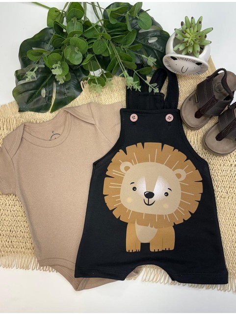 Conjunto Jardineira Bebê Menino Suedine Leãozinho