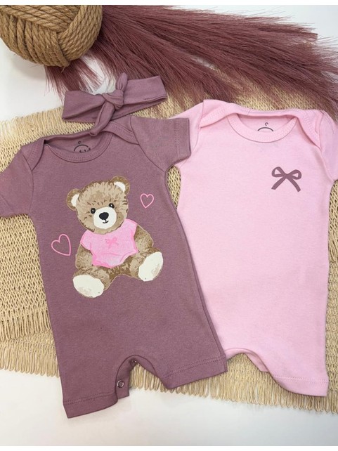 Kit Macacão Bebê Menina Suedine Ursinho Coração