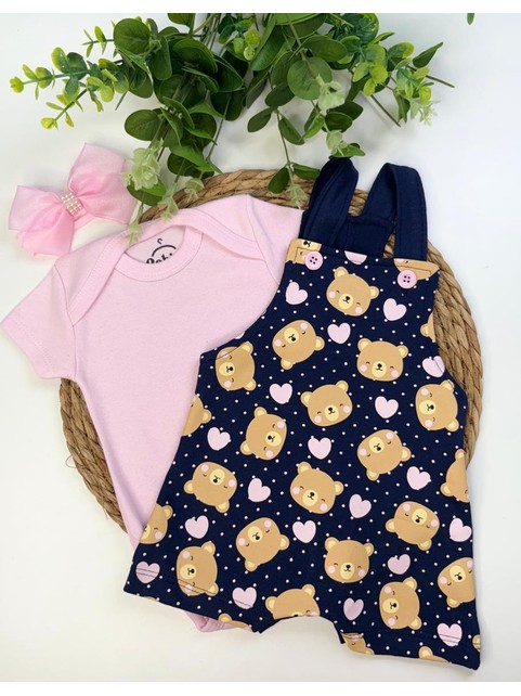 Conjunto Jardineira Bebê Menina Suedine Ursinhos Blush