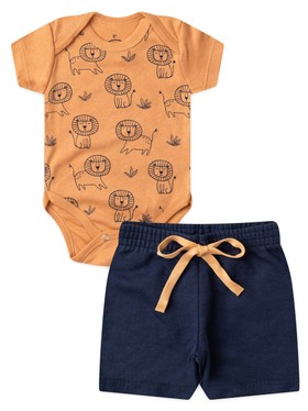 Conjunto Bebê Menino Body e Bermuda Moletinho Leãozinho