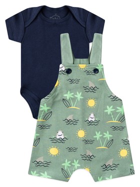 Conjunto Jardineira Bebê Menino Suedine Tubarão