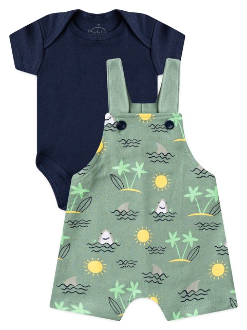 Conjunto Jardineira Bebê Menino Suedine Tubarão