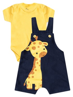 Conjunto Jardineira Bebê Menino Suedine Bebê Girafa