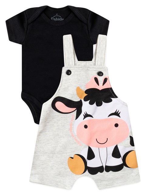 Conjunto Jardineira Bebê Menina Suedine Vaquinha