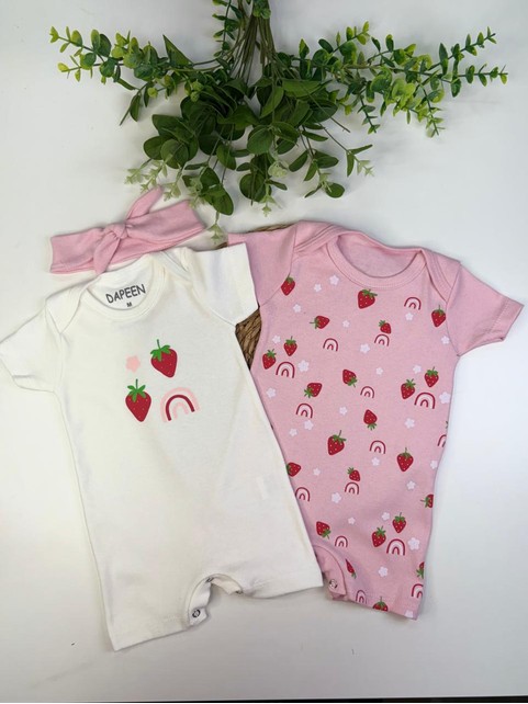 Kit Macacão Bebê Menina Suedine Morango