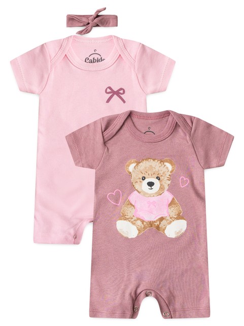 Kit Macacão Bebê Menina Suedine Ursinho Coração