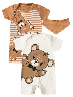 Kit Macacão Bebê Menino Suedine Trio de Ursinhos