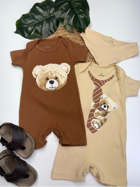 Kit Macacão Bebê Menino Suedine Ursinho Gravata