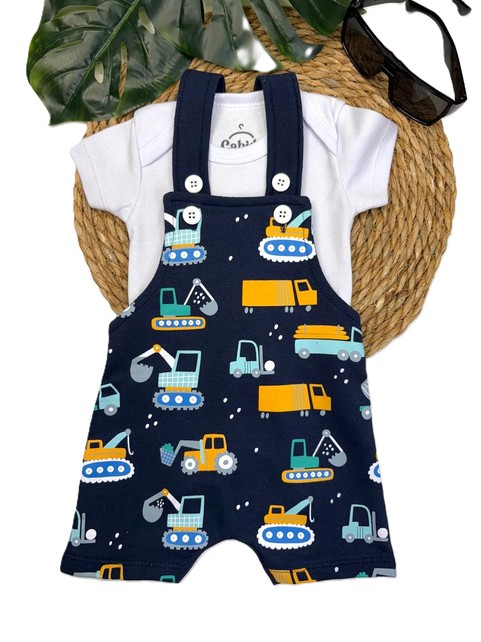 Conjunto Jardineira Bebê Menino Suedine Máquinas Mágicas