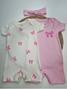 Kit Macacão Bebê Menina Suedine Lacinhos Pink