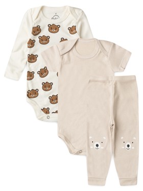 Kit Body Bebê Unissex Suedine Ursinhos Areia